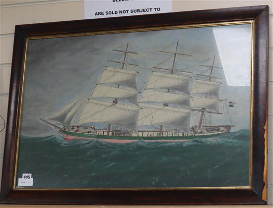 English School c.1900, mixed media, Naive study of a schooner, The North Star, 49 x 74cm